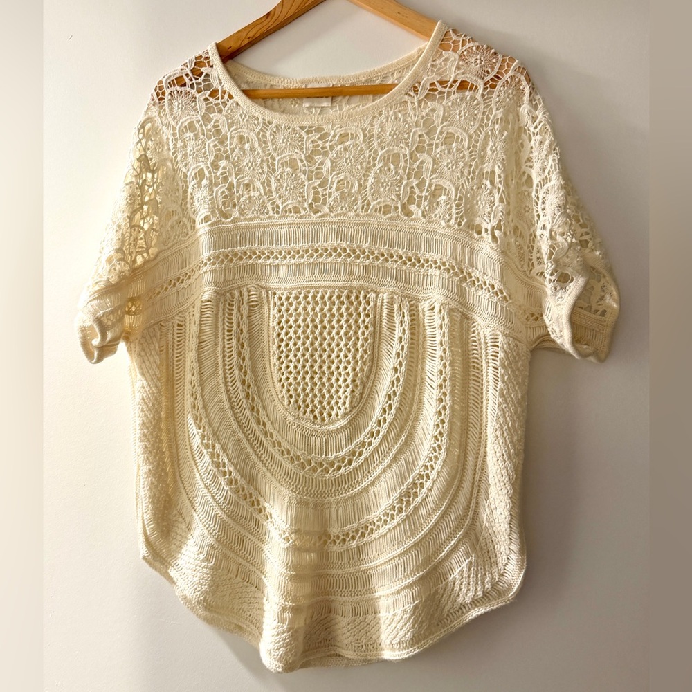 Chico's Cream Boho style Crochet Knit Short Sleeve Top size Large